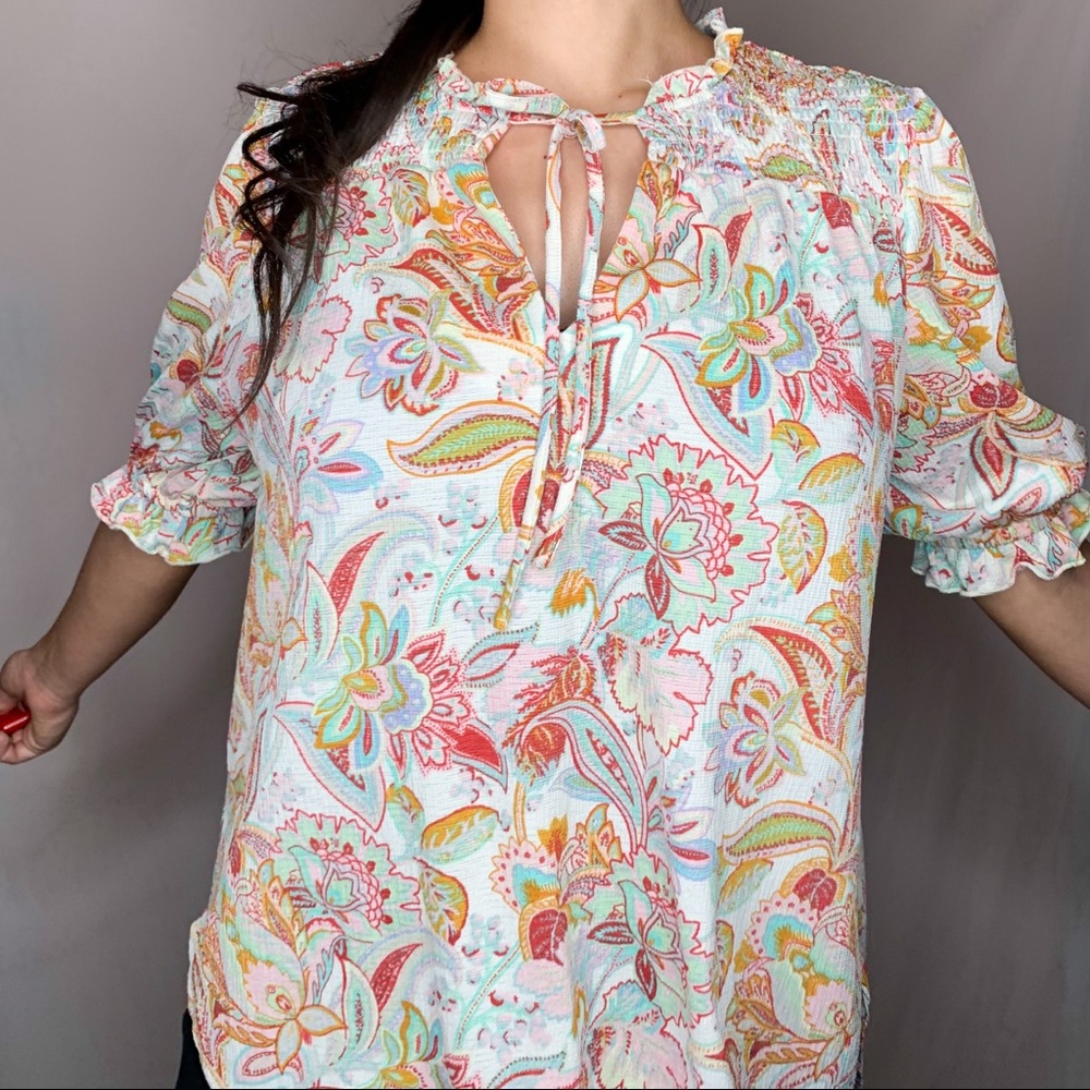 Melloday Ruffle Floral Printed Blouse Top | Size M
